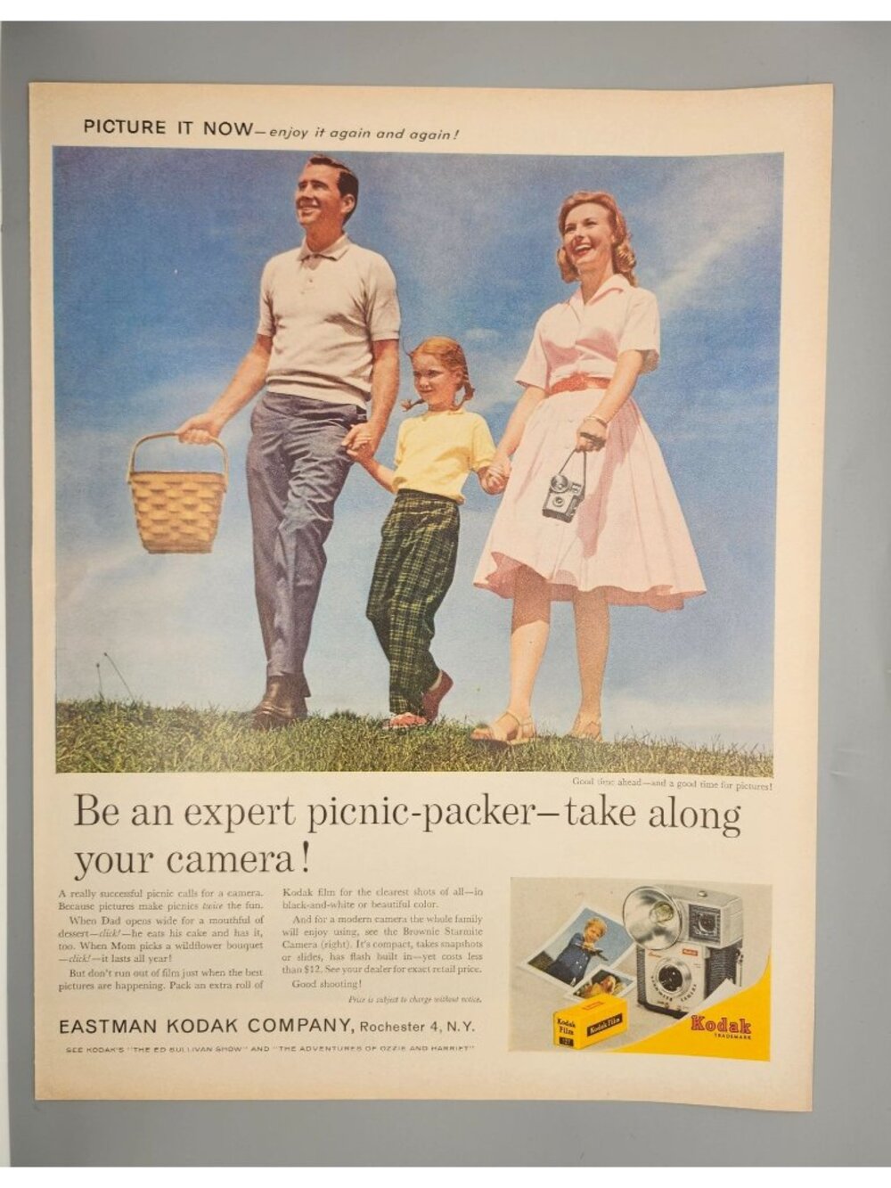 Vintage 1957 Kodak Camera Print Ad - Family Picnic Scene - 10.5x13 Inches